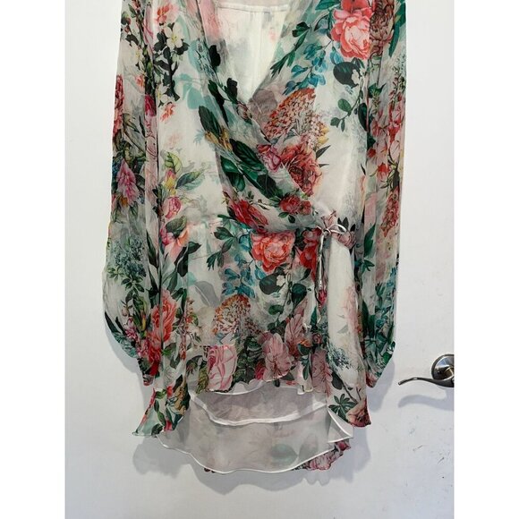 Rococo Sand Floral Sheer Wrap Tie Waist & High-Low Hem Women's Blouse Size M - Picture 5 of 11